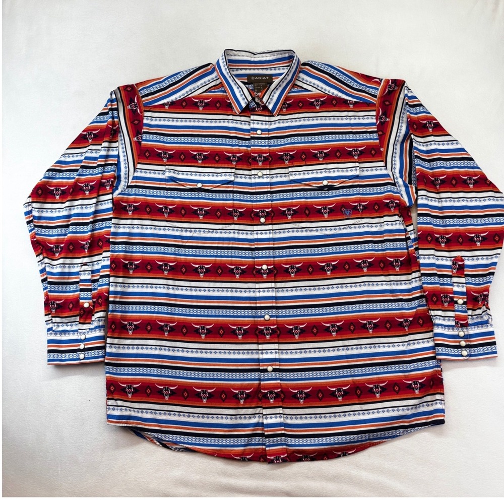 Ariat Pratt Snap‎ LS Shirt Mens XL Multicolor Serape Steer Head Western Rodeo